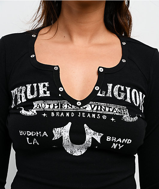 True Religion Logo Rivets V Notch Black Long Sleeve Crop T-Shirt