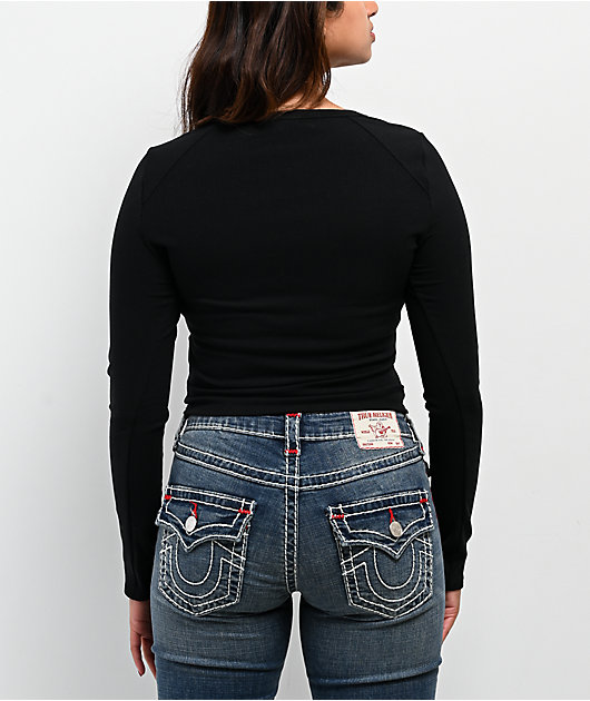 True Religion Logo Rivets V Notch Black Long Sleeve Crop T-Shirt