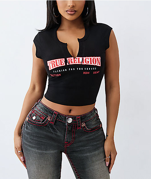 True Religion Logo V-Notch Black Crop T-Shirt | Zumiez