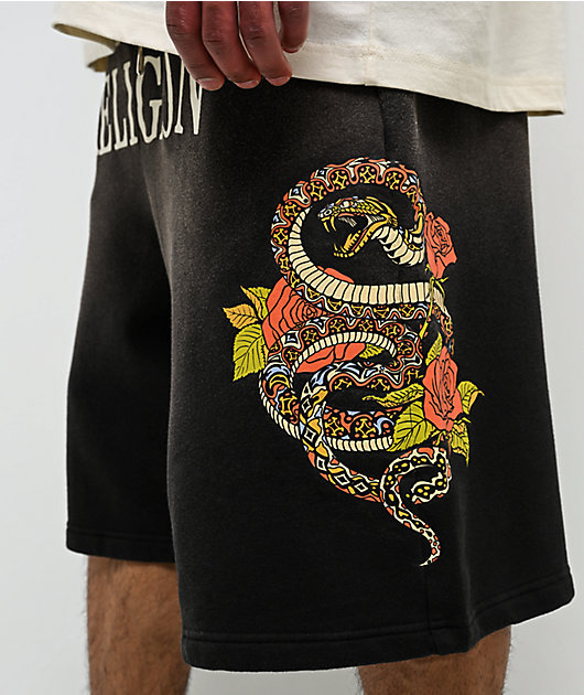 True Religion Mikey Floral Snake Black Wash Baggy Sweat Shorts
