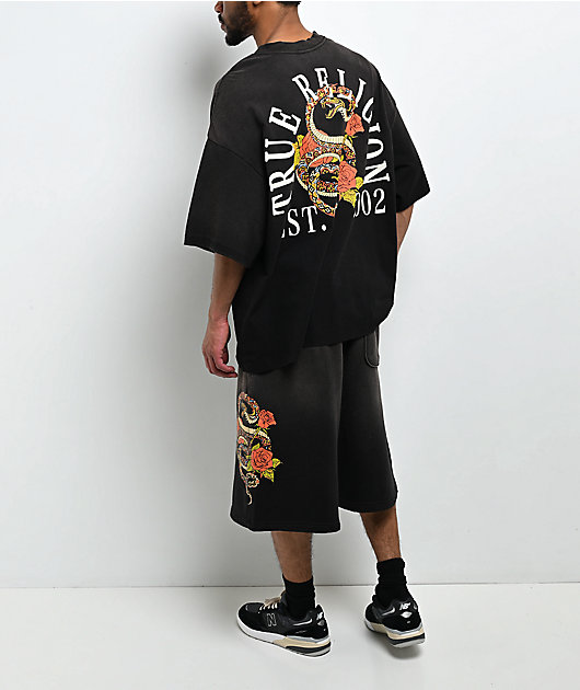 True Religion Mikey Floral Snake Black Wash Baggy Sweat Shorts