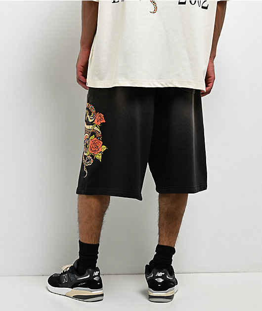 True Religion Mikey Floral Snake Black Wash Baggy Sweat Shorts