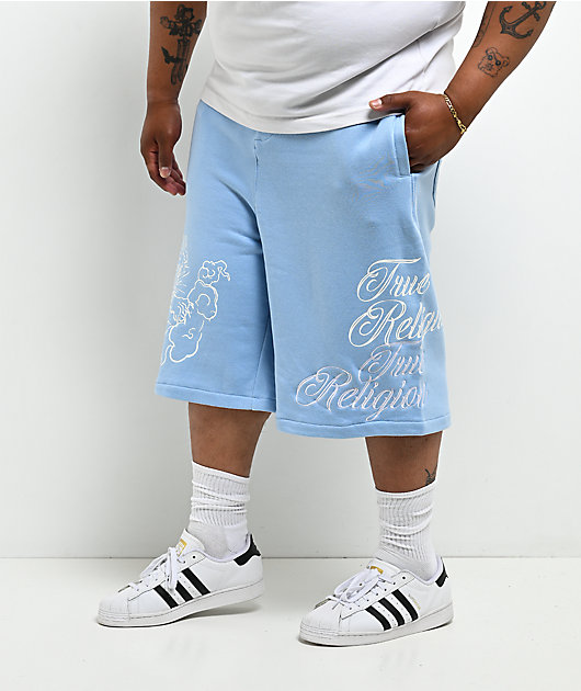 True Religion Mikey Tiger Script Blue Baggy Sweat Shorts