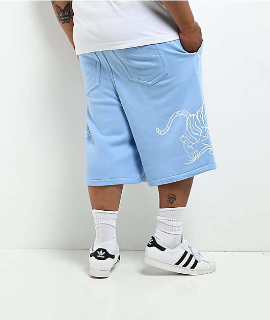 True Religion Mikey Tiger Script Blue Baggy Sweat Shorts
