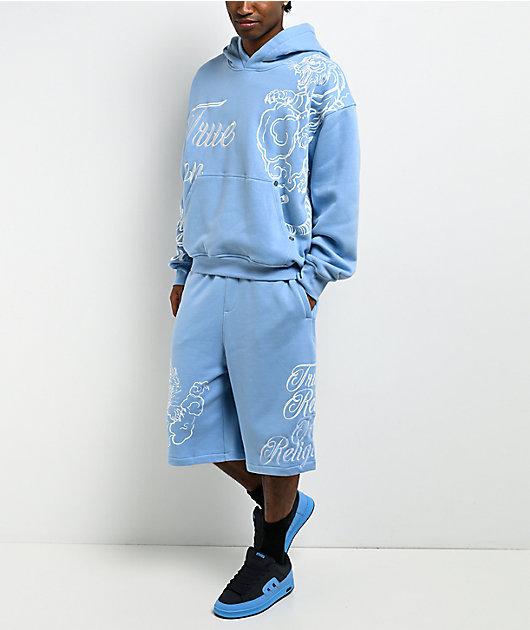 True Religion Mikey Tiger Script Blue Baggy Sweat Shorts