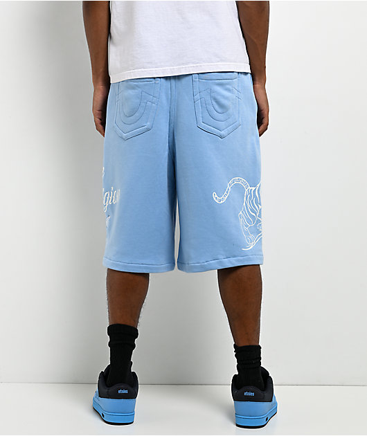 True Religion Mikey Tiger Script Blue Baggy Sweat Shorts
