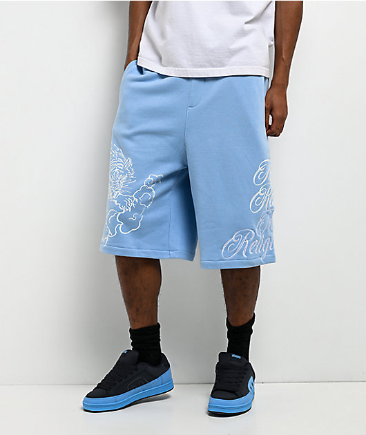 True Religion Mikey Tiger Script Blue Baggy Sweat Shorts
