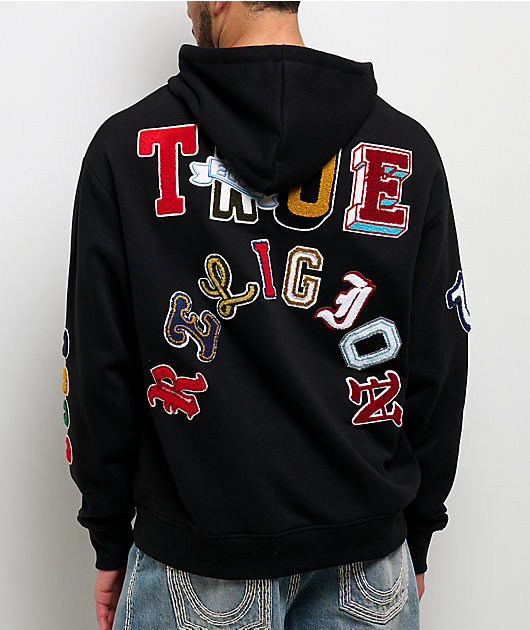 True Religion Multi Letter Logo Patch Black Hoodie | Zumiez