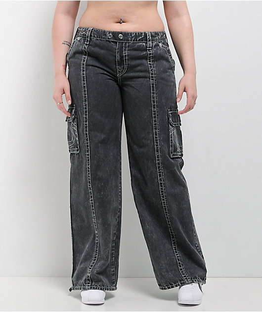 True Religion Natalie Jet Black Wash Low Rise Cargo Jeans | Zumiez