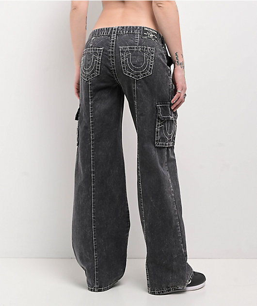 True Religion Natalie Jet Black Wash Low Rise Cargo Jeans