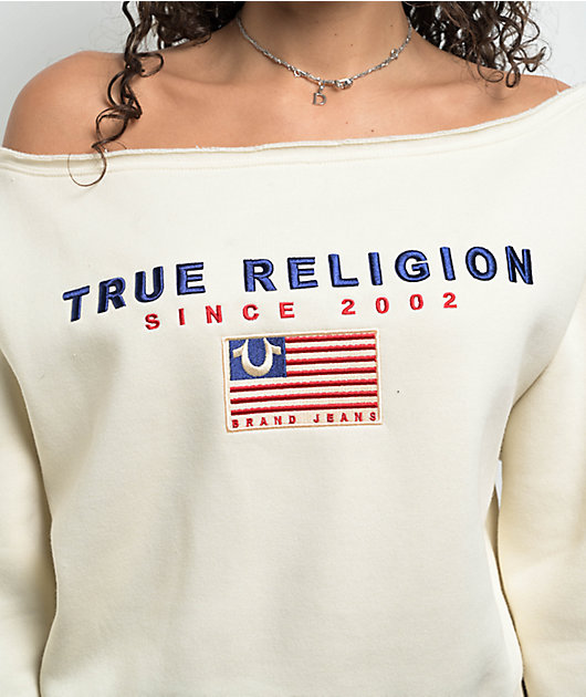 True Religion Off Shoulder Winter White Crewneck Sweatshirt