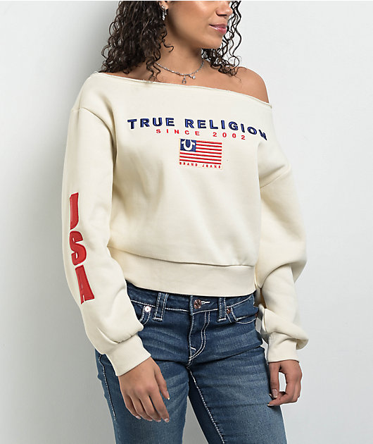 True Religion Off Shoulder Winter White Crewneck Sweatshirt | Zumiez