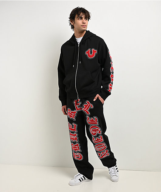 True Religion Old English Patch Black Boxy Zip Hoodie