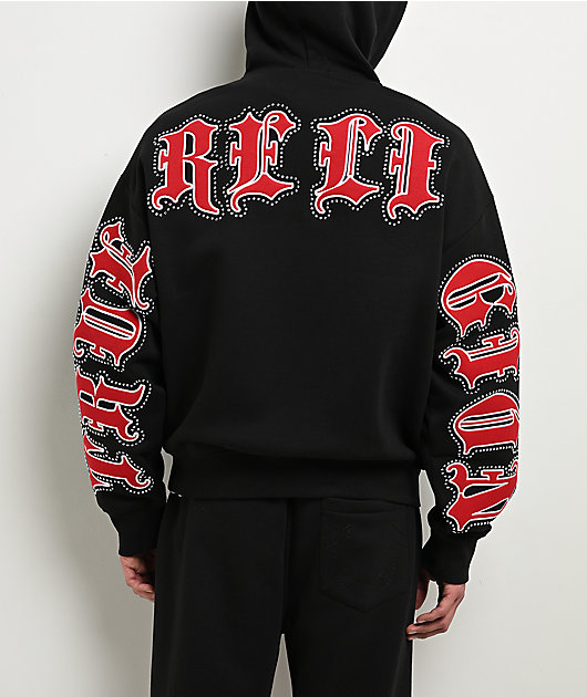 True Religion Old English Patch Black Boxy Zip Hoodie