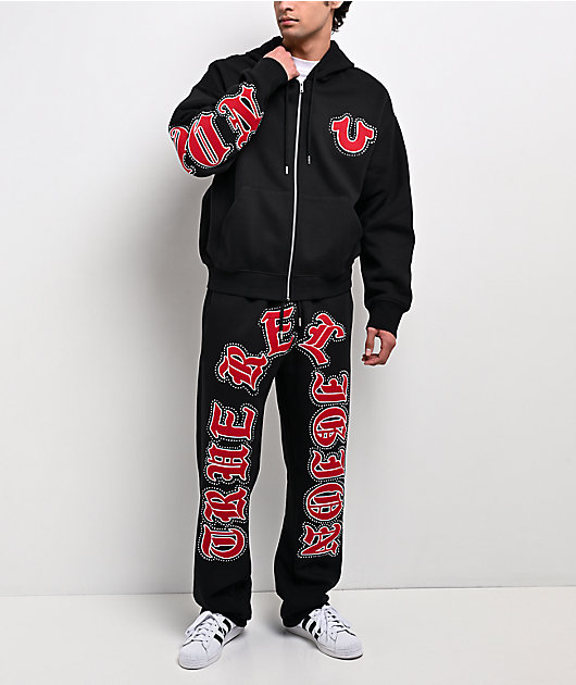 True Religion Old English Patch Black Boxy Zip Hoodie