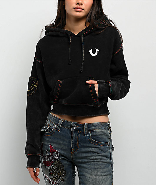 True Religion Old Multi SRS Black Wash Crop Hoodie