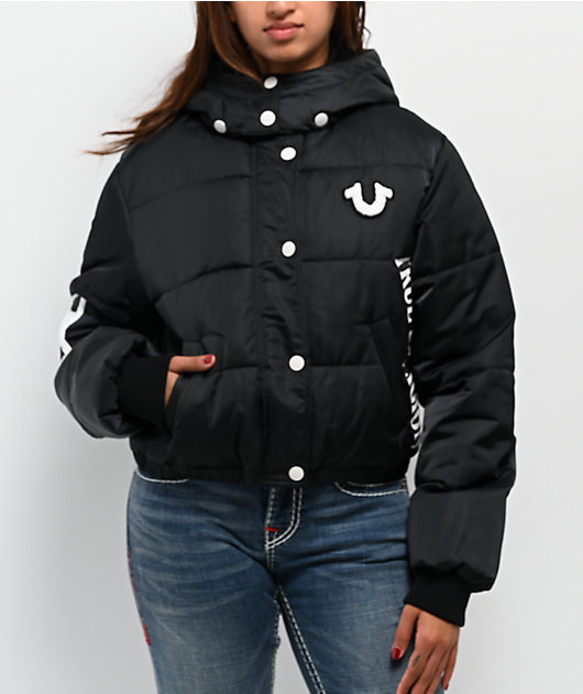 True Religion Patched Black Crop Puffer Jacket