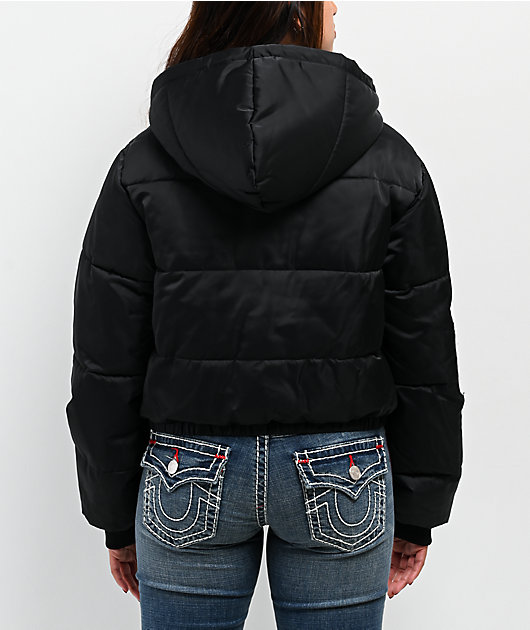 True Religion Patched Black Crop Puffer Jacket