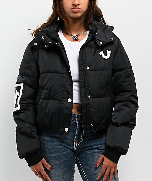 True Religion Patched Black Crop Puffer Jacket | Zumiez