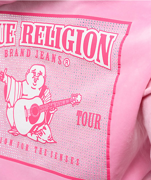 True Religion Pink Velour Crystal Shrunken Zip Hoodie
