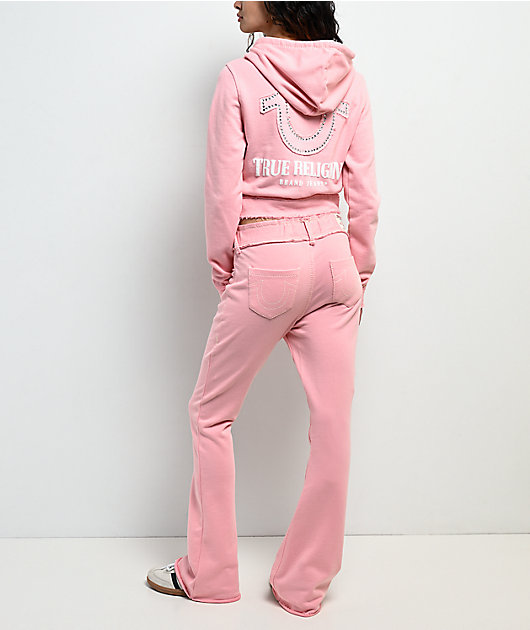 True Religion Raw Edge Shrunken Big T Candy Pink Crop Zip Hoodie