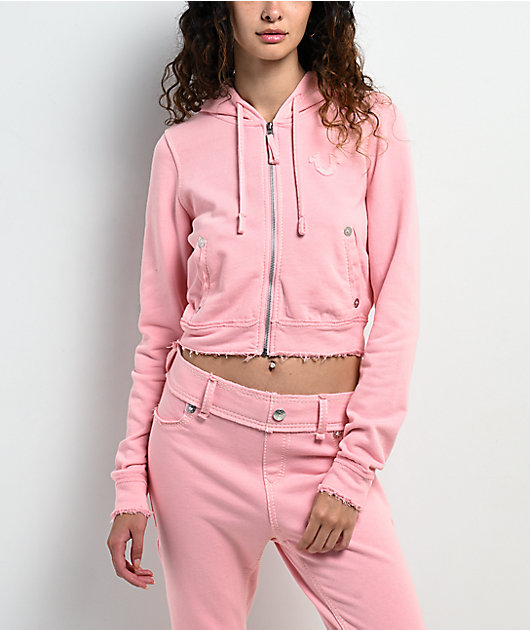 True Religion Raw Edge Shrunken Big T Candy Pink Crop Zip Hoodie