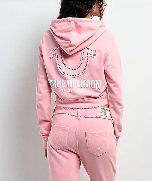 True Religion Raw Edge Shrunken Big T Candy Pink Crop Zip Hoodie