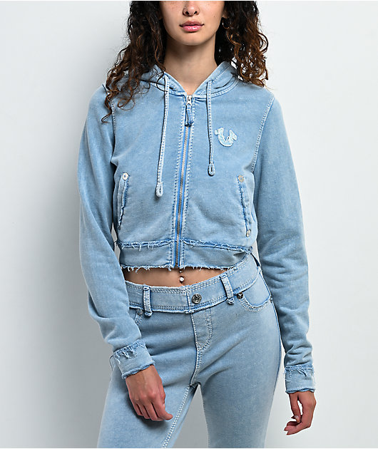 TRUE RELIGION 短丈　フーディー True Religion Raw Edge Shrunken Big T Pacific Wash Crop Zip Hoodie