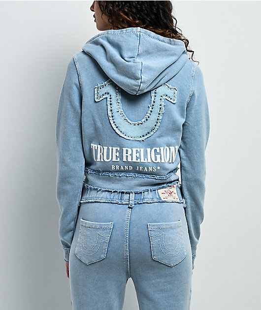 True Religion Raw Edge Shrunken Big T Pacific Wash Crop Zip Hoodie