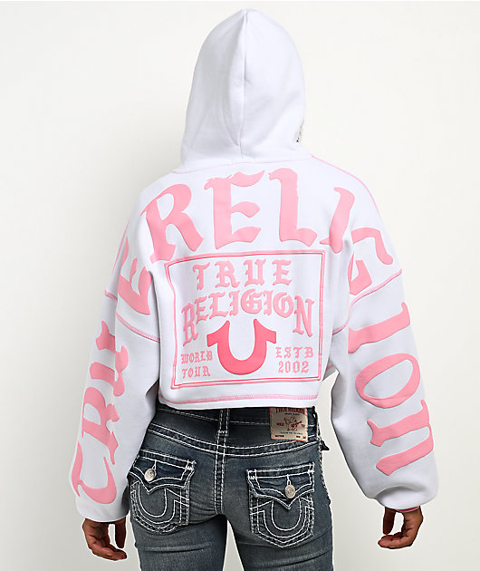 True Religion Relaxed White & Pink Crop Zip Hoodie