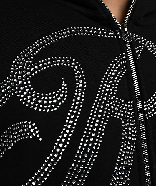 True Religion Rhinestone Script Black Boxy Bodybag Hoodie 