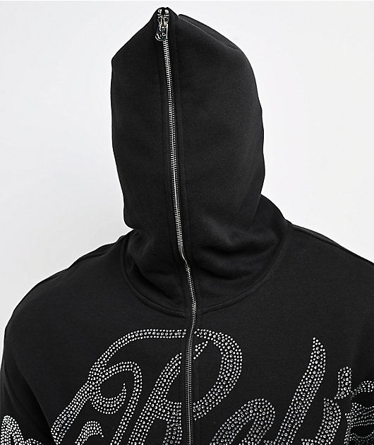 True Religion Rhinestone Script Black Boxy Bodybag Hoodie 