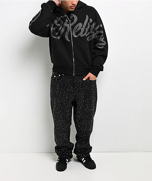 True Religion Rhinestone Script Black Boxy Bodybag Hoodie 