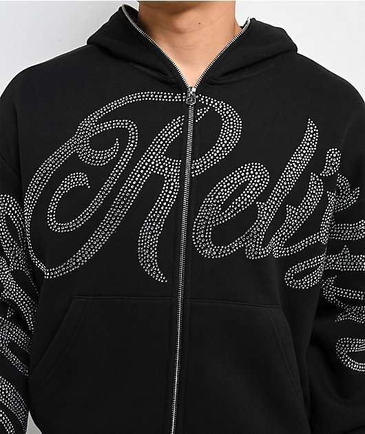 True Religion Rhinestone Script Black Boxy Zip Hoodie 