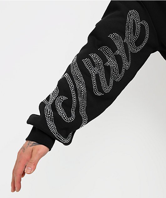 True Religion Rhinestone Script Black Boxy Zip Hoodie 