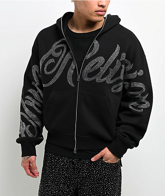 True Religion Rhinestone Script Black Boxy Zip Hoodie 