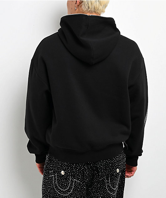 True Religion Rhinestone Script Black Boxy Zip Hoodie 