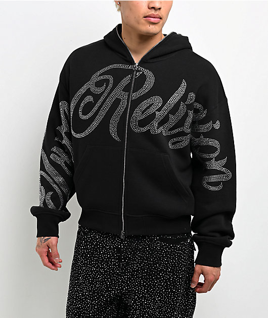 True Religion Rhinestone Script Black Boxy Zip Hoodie 