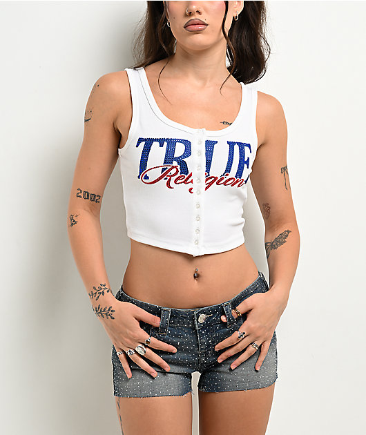 True Religion Ribbed White Button Up Crop Tank Top