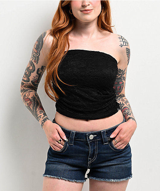 True Religion Ruched Black Lace Tube Top