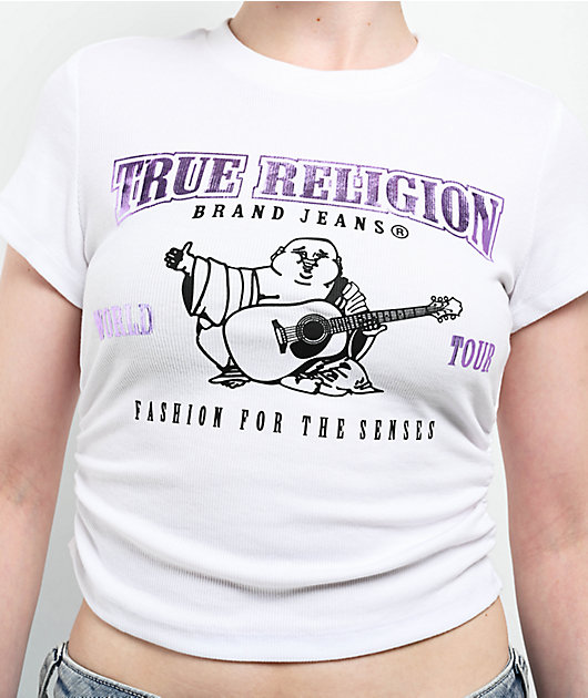 True Religion Ruched Metallic Logo White Crop T-Shirt