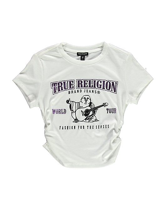 True Religion Ruched Metallic Logo White Crop T-Shirt