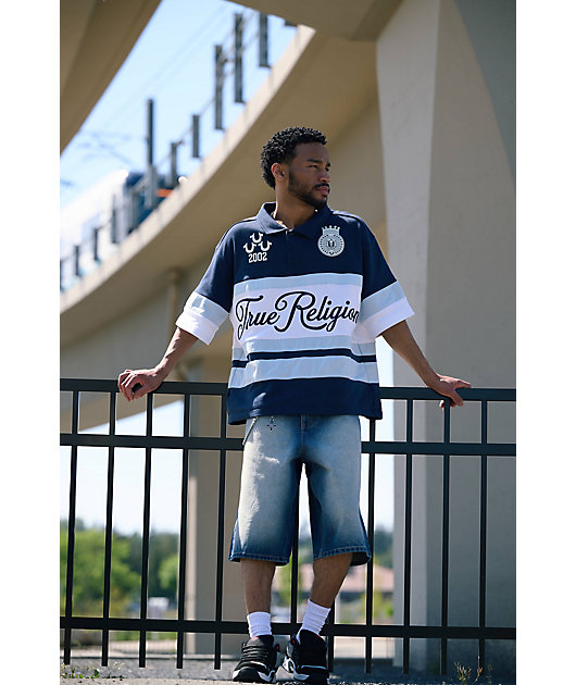 トゥルーレリジョン　ラグビーシャツ　ネイビー　XL True Religion Rugby Navy, White & Sapphire Relaxed Polo Shirt | Zumiez