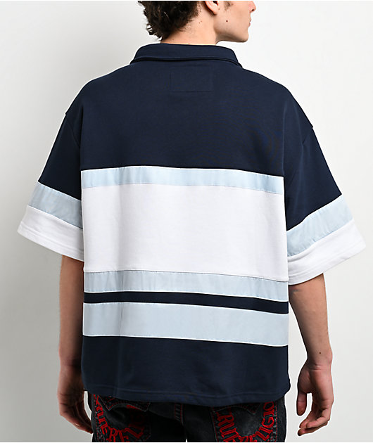 トゥルーレリジョン　ラグビーシャツ　ネイビー　XL True Religion Rugby Navy, White & Sapphire Relaxed Polo Shirt | Zumiez