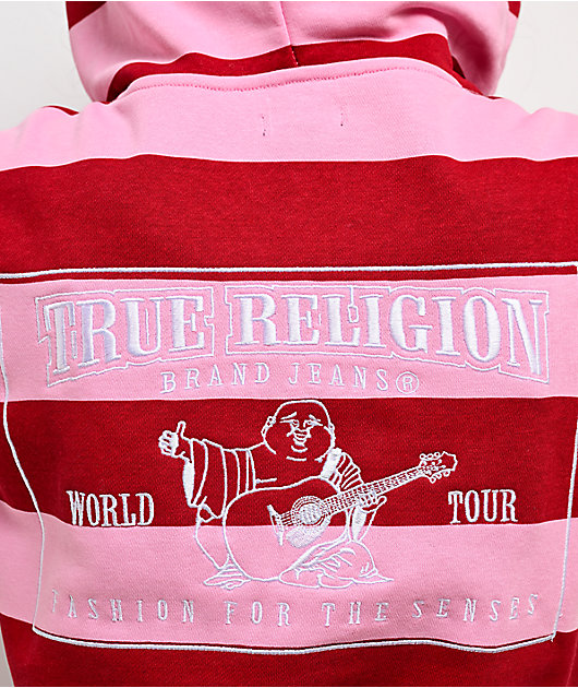 True Religion Rugby Sporty V Notch Pink Stripe Hoodie