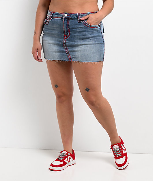 True Religion Sadie Super T Flap Blue Wash Mini Skirt
