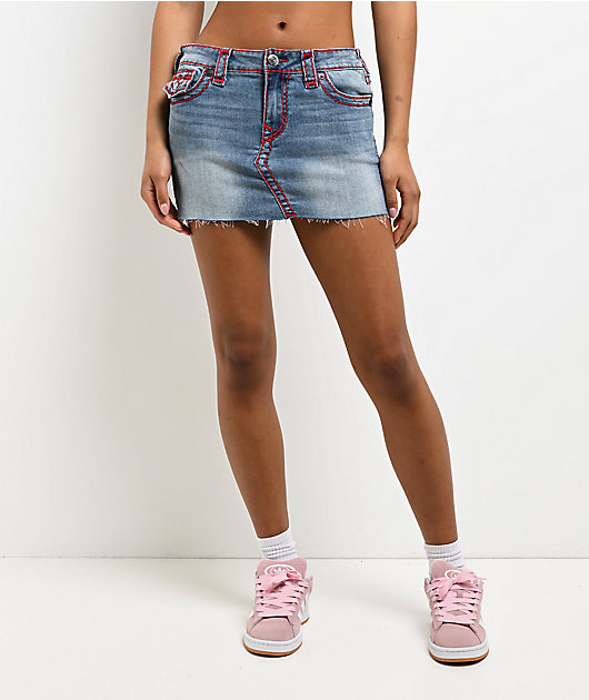 True Religion Sadie Super T Flap Blue Wash Mini Skirt