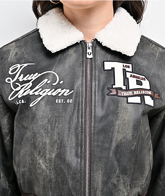 True Religion Sherpa Collared Washed Brown Crop Aviator Jacket