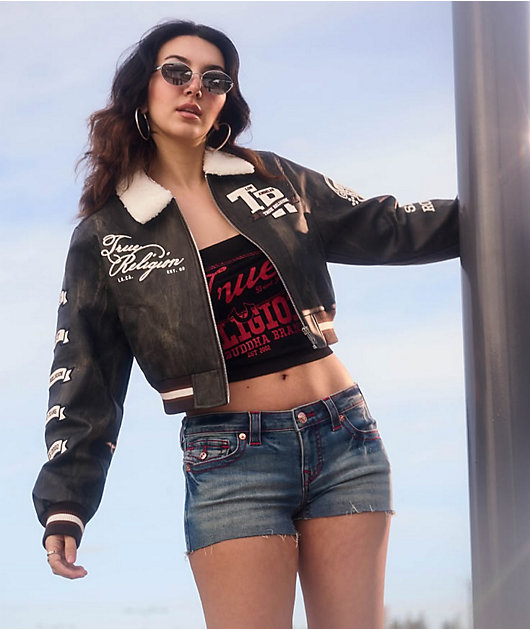 True Religion Sherpa Collared Washed Brown Crop Aviator Jacket