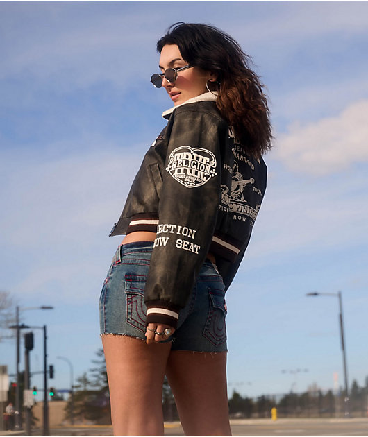 True Religion Sherpa Collared Washed Brown Crop Aviator Jacket